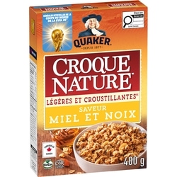 Quaker Céréales Granola Croque nature Légères et croustillantes Saveur Miel et noix 400 g, 1,37 $/100g