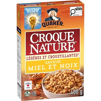 Quaker Céréales granola Croque Nature Légères et croustillantes Saveur Miel et noix 400 g, 1,25 $/100g