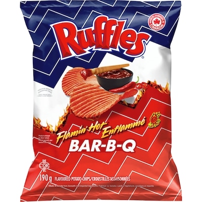Ruffles Flamin’ Hot Bar-B-Q Flavoured Potato Chips 190 g, $2.63/100g