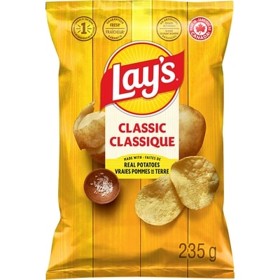 Lay's Classic potato chips 235 g, $2.25/100g