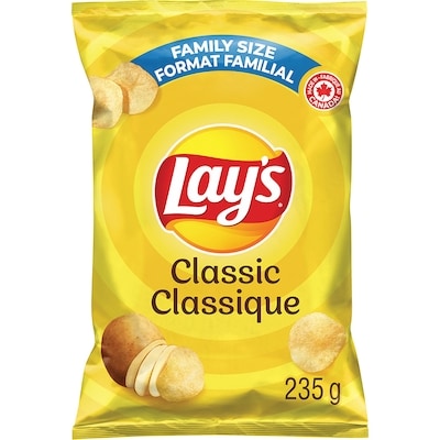 Lay's Classic potato chips 235 g, $1.28/100g