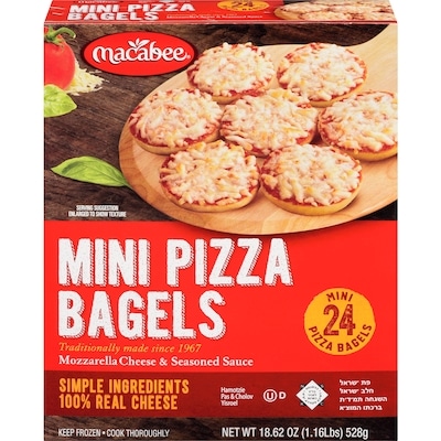 Macabee Kosher Mini Pizza Bagels Mozzarella Cheese & Seasoned Sauce 24 Mini Pizza Bagels  567 g, $3.53/100g