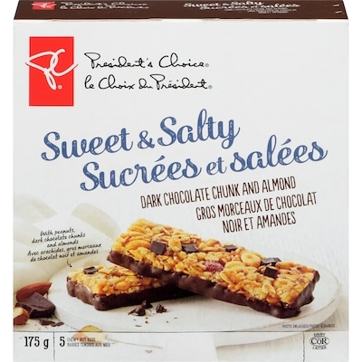 le Choix du Président Barres granola sucrées et salées au chocolat noir et aux amandes 175 g, 2,28 $/100g