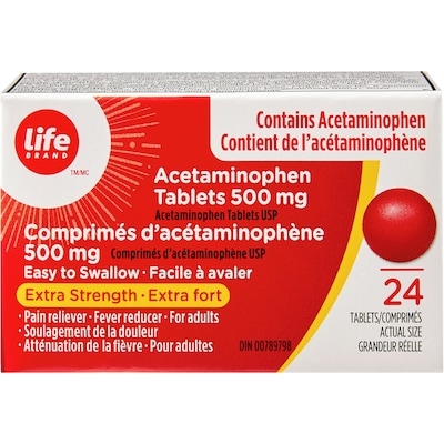 Life Acétaminophène, extra fort, 500 mg, facile à avaler 24 ea, 0,23 $/1ch
