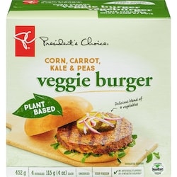 President's Choice Plant Based Corn, Carrot, Kale & Peas Veggie Burger 452 g, $1.99/100g