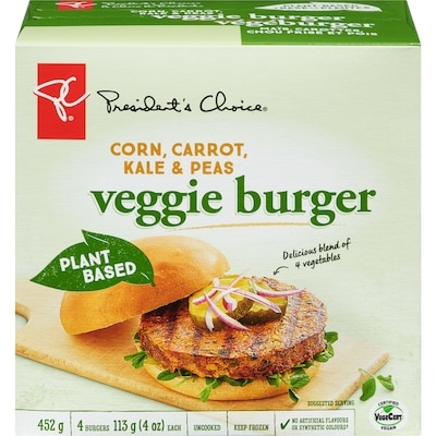 President's Choice Plant Based Corn, Carrot, Kale & Peas Veggie Burger 452 g, $2.21/100g