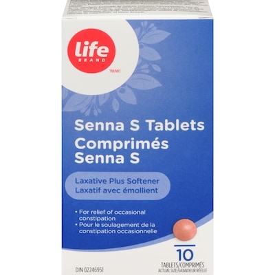 Life Senna S laxatif et émollient comprimés, 10 comprimés 10 ea, 0,40 $/1ch