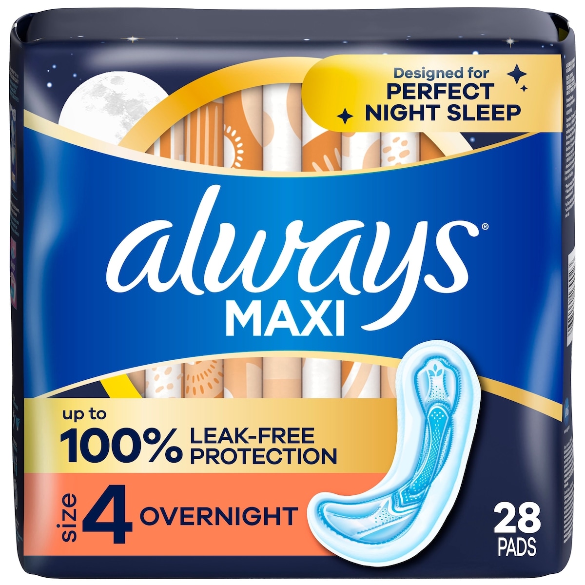 Always Maxi Overnight Pads without Wings, Size 4, Overnight, Unscented, 28 CT 28 ea, $0.50/1ea