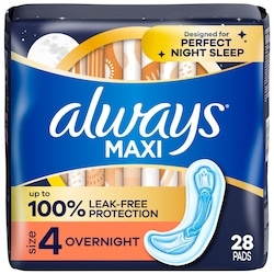 Maxi Overnight Pads without Wings, Size 4, Overnight, Unscented, 28 CT
