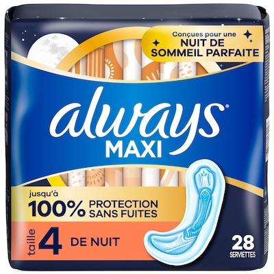 Always Serviettes  Maxi, degré d’absorption de nuit, sans ailes, taille 4, non parfumées, 28 serviettes 28 ea, 0,55 $/1ch