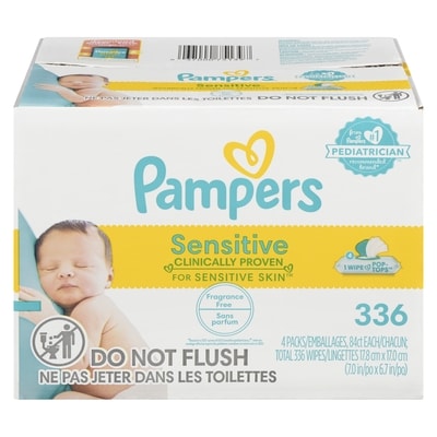 Pampers Lingettes pour bébés non parfumées Sensitive, 4X boîtes distributrices, 336 lingettes 336 ea, 0,05 $/1ch