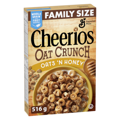 General Mills Cheerios Oat Crunch Breakfast Cereal, Oats 'N Honey, Family Size 516 g, $1.55/100g