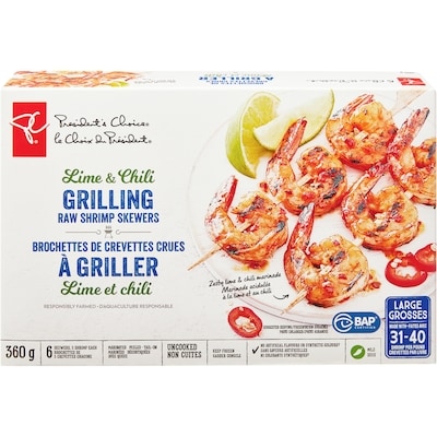 President's Choice Lime and Chili Grilling Raw Shrimp Skewers 360 g, $3.61/100g