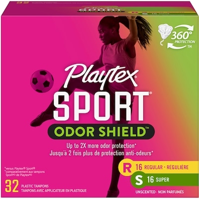 Playtex Multi-emballage de tampons non parfumés Odor Shield à absorptivité régulière et super 32 ea, 0,34 $/1ch
