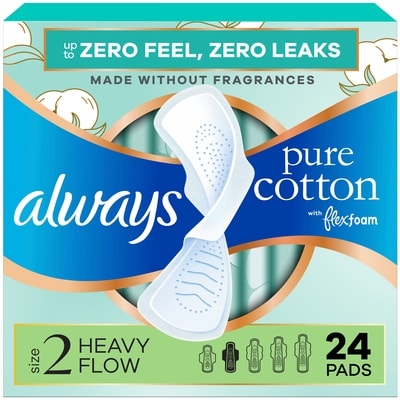 Always Pure Cotton Feminine Pads for Women, Size 2, Heavy, with wings, unscented, 24 CT 24 ea, $0.62/1ea