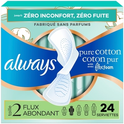 Always Serviettes Pur coton FlexFoam, abondant, ailes, taille 2, sans parfum, 24 serviettes 24 ea, 0,42 $/1ch