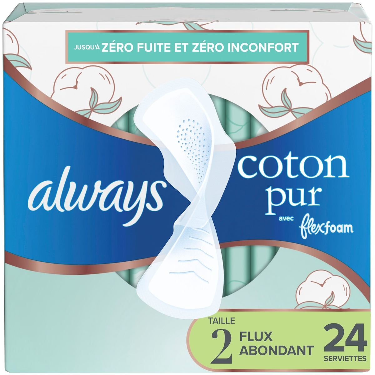 Always Serviettes Pur coton, flux abondant, avec ailes, pour femmes, taille 2, non parfumées, 24 serviettes 24 ea, 0,58 $/1ch