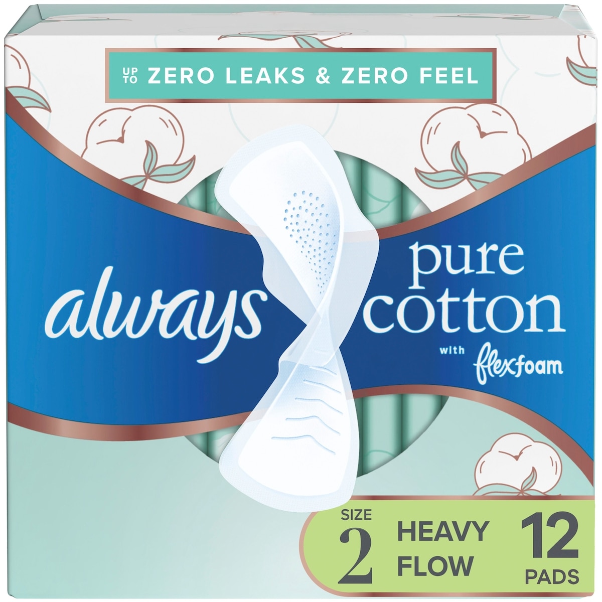 Always Pure Cotton Feminine Pads for Women, Size 2, Heavy, with wings, unscented, 12 CT 12 ea, $0.62/1ea