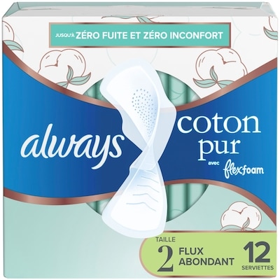 Always Serviettes Pur coton, flux abondant, avec ailes, pour femmes, taille 2, non parfumées, 12 serviettes 12 ea, 0,62 $/1ch