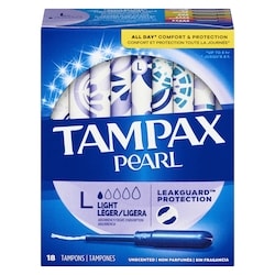 Pearl Tampons, with LeakGuard Braid, Light Absorbency, Unscented, 18 Count.