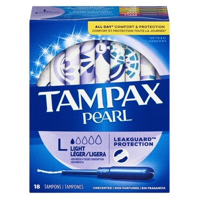 Tampax Tampons Pearl avec tresse anti-fuites LeakGuard, degré d’absorption léger, non parfumés, 18 tampons. 18 ea, 0,39 $/1ch