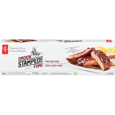 President's Choice Fully Cooked Pork Back Ribs, Smokin Stampede 500 g, $2.80/100g