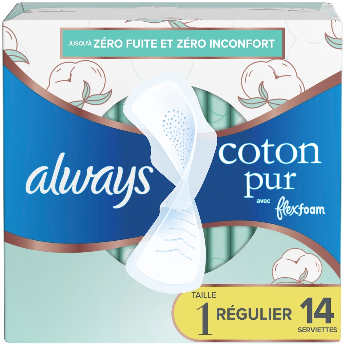 Always Serviettes Pure Cotton, flux régulier, avec ailes, pour femmes, taille 1, non parfumées, 14 serviettes 14 ea, 0,50 $/1ch