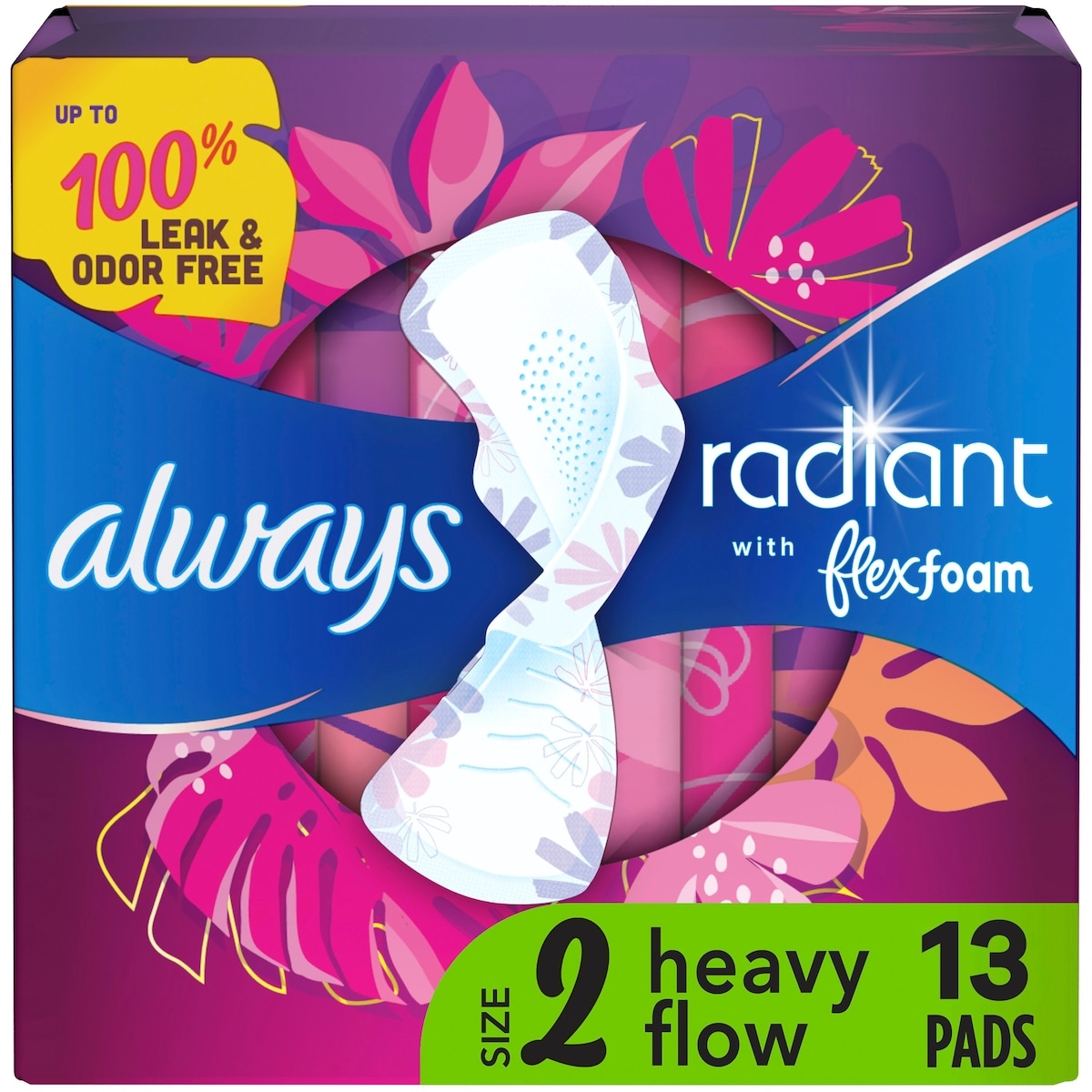 Always Radiant Feminine Pads for Women, Size 2 Heavy, with Wings, Light Clean Scent, 13 CT 13 ea, $0.54/1ea