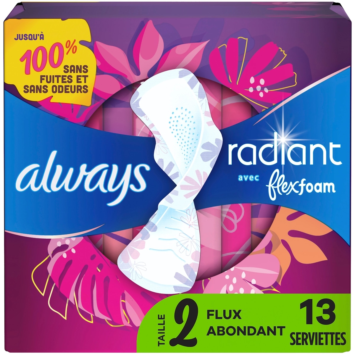 Always Serviettes Radiant, flux abondant, avec ailes, pour femmes, taille 2, parfum net et léger, 13 serviettes 13 ea, 0,54 $/1ch