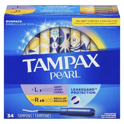 Tampax Pearl Tampons Duo Multipack, with LeakGuard Braid, Light/Regular Absorbency, Unscented, 34 Count. 34 ea, $0.35/1ea