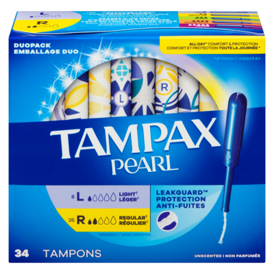 Tampax Tampons Pearl avec tresse anti-fuites LeakGuard, degré d’absorption léger/régulier, emballage duo, non parfumés, 34 tampons. 34 ea, 0,41 $/1ch