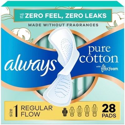 Always Pure Cotton Feminine Pads for Women, Size 1, Regular, with wings, unscented, 28 CT 28 ea, $0.50/1ea
