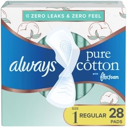 Pure Cotton Feminine Pads for Women, Size 1, Regular, with wings, unscented, 28 CT