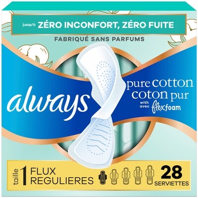 Always Serviettes Pure Cotton, flux régulier, avec ailes, pour femmes, taille 1, non parfumées, 28 serviettes 28 ea, 0,43 $/1ch