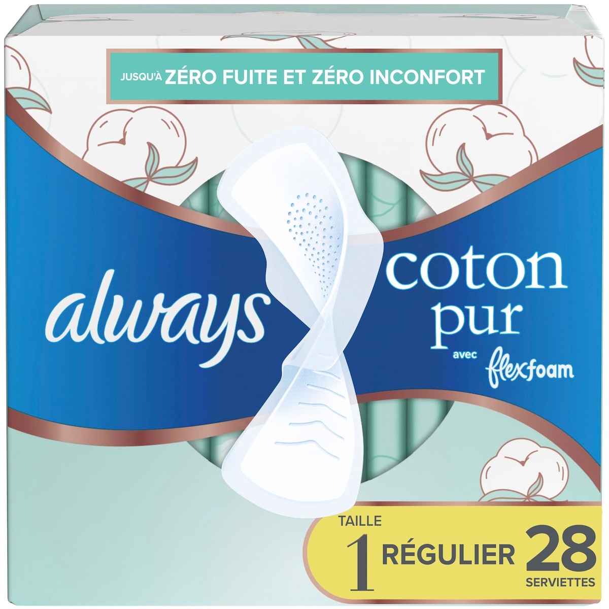 Always Serviettes Pure Cotton, flux régulier, avec ailes, pour femmes, taille 1, non parfumées, 28 serviettes 28 ea, 0,50 $/1ch