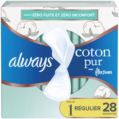 Always Serviettes Pure Cotton, flux régulier, avec ailes, pour femmes, taille 1, non parfumées, 28 serviettes 28 ea, 0,43 $/1ch
