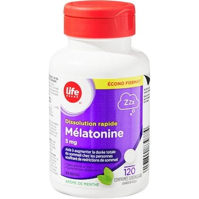 Mélatonine 5&nbsp;mg à dissolution rapide, 120&nbsp;comprimés sublinguaux, saveur de menthe