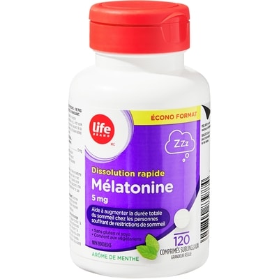 Mélatonine 5&nbsp;mg à dissolution rapide, 120&nbsp;comprimés sublinguaux, saveur de menthe