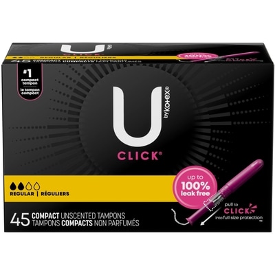 U by Kotex Tampons compacts Click, absorption régulière, non parfumés, 45 unités 45 ea, 0,29 $/1ch
