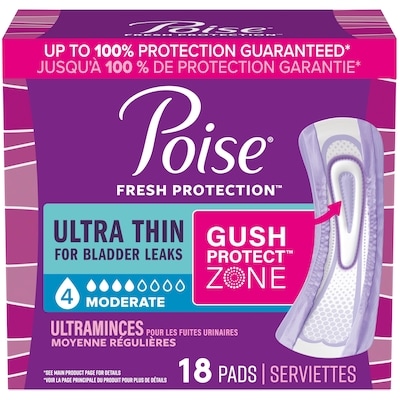 Poise Ultra Thin Incontinence & Postpartum Pads for Bladder Leaks, 4 Drop Moderate Absorbency, Regular Length, 18 Count 18x1.0 ea, $0.50/1ea
