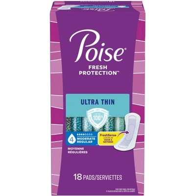 Poise Serviettes ultra minces pour incontinence Poise, absorption moyenne, longueur ordinaire, emballage de 18  18x1.0 ea, 0,50 $/1ch