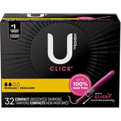 U by Kotex Tampons compacts Click, absorption régulière, non parfumés, 32 unités 32 ea, 0,37 $/1ch