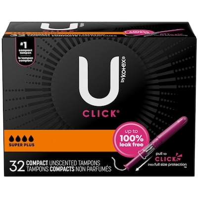 U by Kotex Tampons compacts Click, absorption super plus, non parfumés, 32 unités 32 ea, 0,37 $/1ch