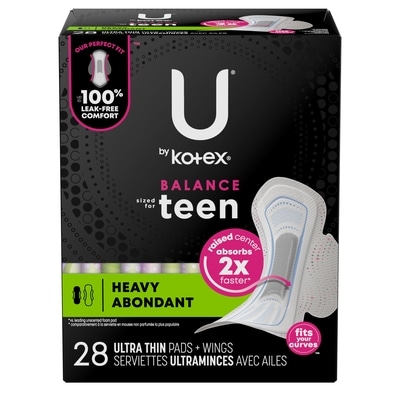 U by Kotex Balance Sized for Teens Ultra Thin Pads with Wings, Heavy Absorbency, 28 Count 28 ea, $0.36/1ea