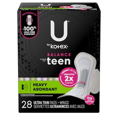 U by Kotex Serviettes ultraminces de nuit Balance avec ailes pour adolescentes, absorption accrue, 28 unités. 28 ea, 0,43 $/1ch