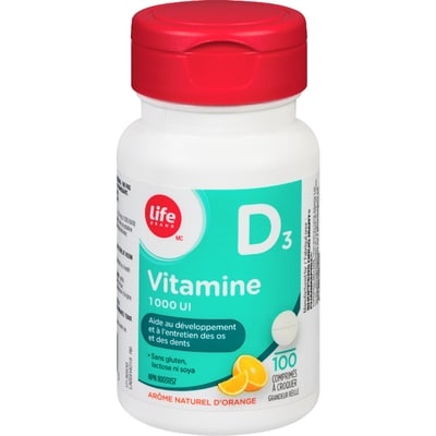 Life Vitamine D, 1 000 UI, orange, 100 comprimés à croquer 100 ea, 0,08 $/1ch
