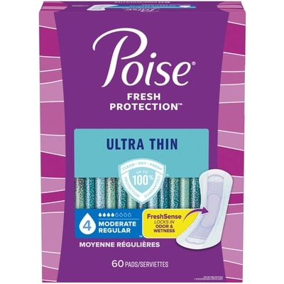 Poise Serviettes ultra minces pour incontinence Poise, absorption moyenne, longueur ordinaire, emballage de 60  60 ea, 0,37 $/1ch