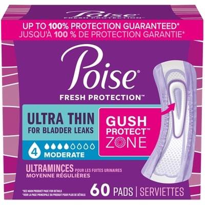 Poise Serviettes ultraminces d’incontinence et d’incontinence en période post-partum pour fuites urinaires, degré d’absorption moyen à 4 gouttes, longueur régulière, 60 unités 60 ea, 0,33 $/1ch