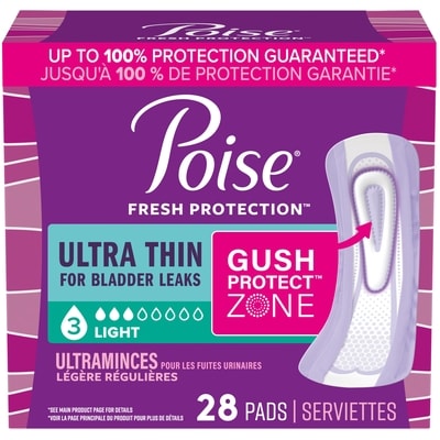 Poise Serviettes ultraminces d’incontinence et d’incontinence en période post-partum pour fuites urinaires, degré d’absorption léger à 3 gouttes, longueur régulière, 28 unités 28 ea, 0,29 $/1ch
