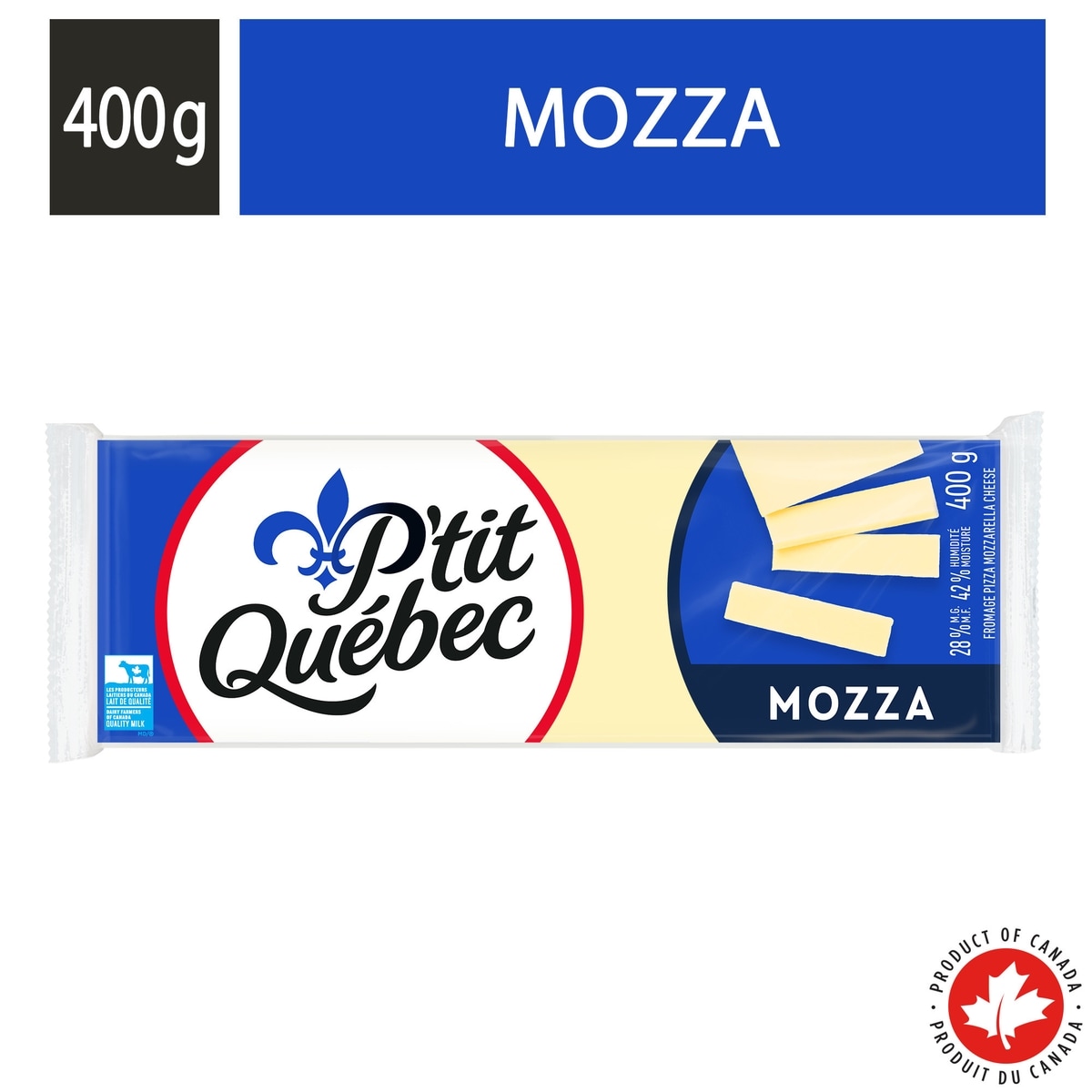 P'tit Québec Fromage mozzarella 400 g, 1,50 $/100g